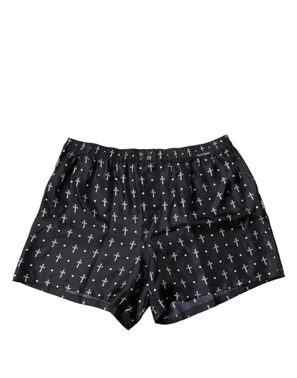 Dolce & Gabbana Schwarze Seide Bedruckte Strandbekleidung Shorts Bademode