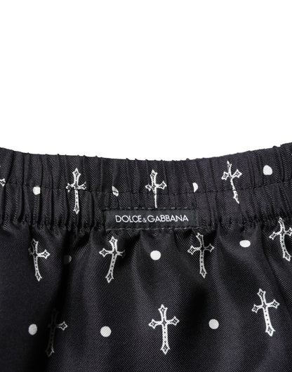 Dolce & Gabbana Schwarze Seide Bedruckte Strandbekleidung Shorts Bademode