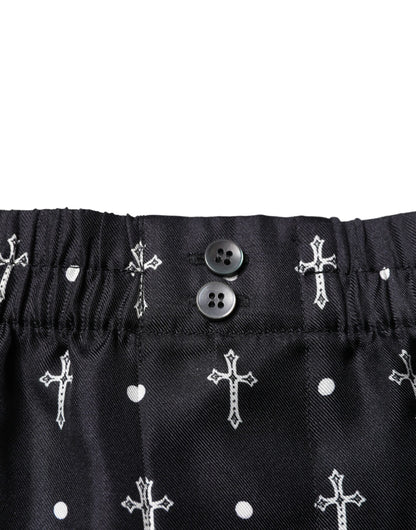 Dolce & Gabbana Schwarze Seide Bedruckte Strandbekleidung Shorts Bademode
