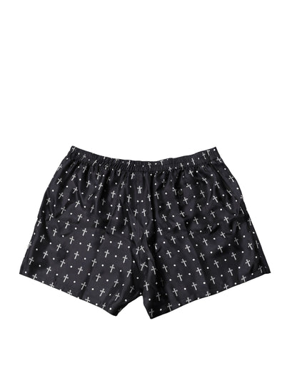 Dolce & Gabbana Schwarze Seide Bedruckte Strandbekleidung Shorts Bademode