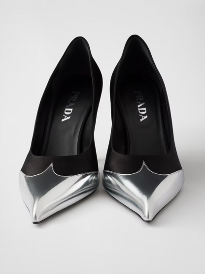 Prada Pumps aus schwarzem Satin und silbernem Metallic-Leder