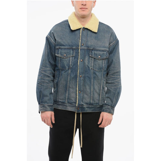 Celine Mit Shearling gefütterte Jeansjacke mit strassbesetzten Fransen