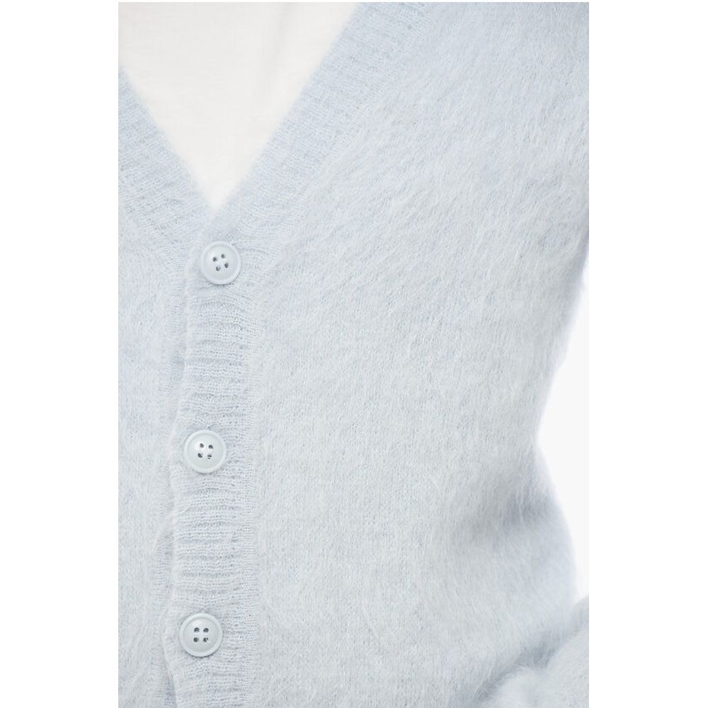 1989 Studio Unifarbene, flauschige Strickjacke mit V-Ausschnitt und gesticktem Logo
