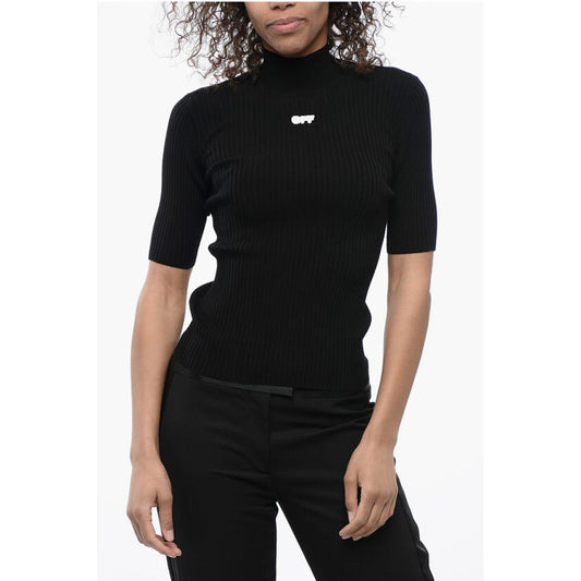 Off-White Rippenstrick-Top mit Logo-Aufnäher