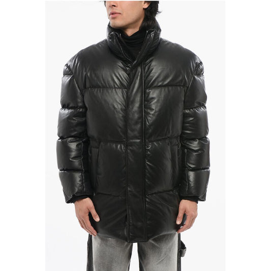 Armani EMPORIO Leder-Daunenjacke mit verstecktem Verschluss