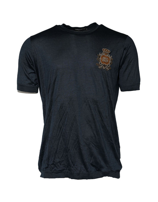 Dolce & Gabbana Dunkelblaues Seiden-Logo-Patch-T-Shirt mit Rundhalsausschnitt