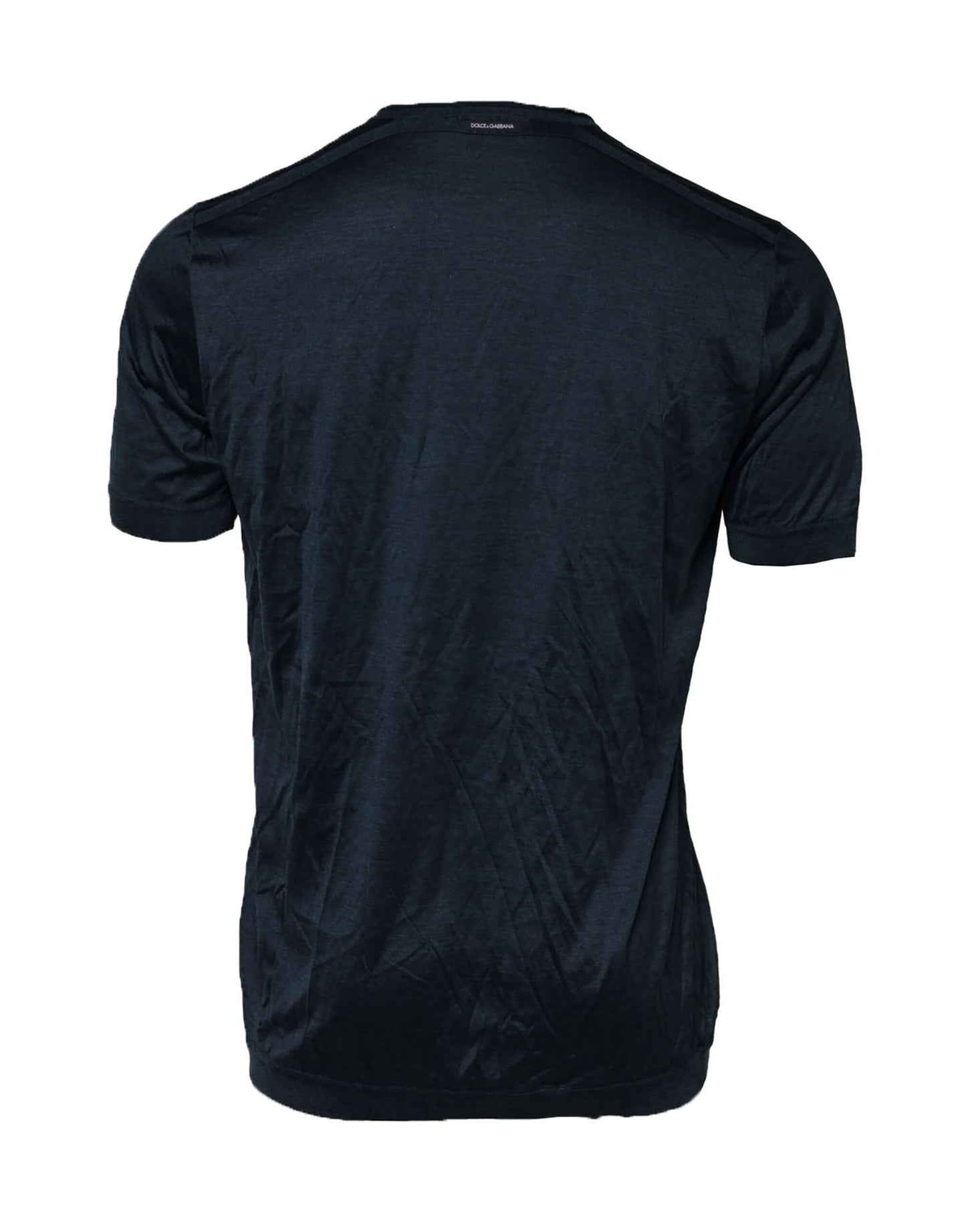 Dolce & Gabbana Dunkelblaues Seiden-Logo-Patch-T-Shirt mit Rundhalsausschnitt
