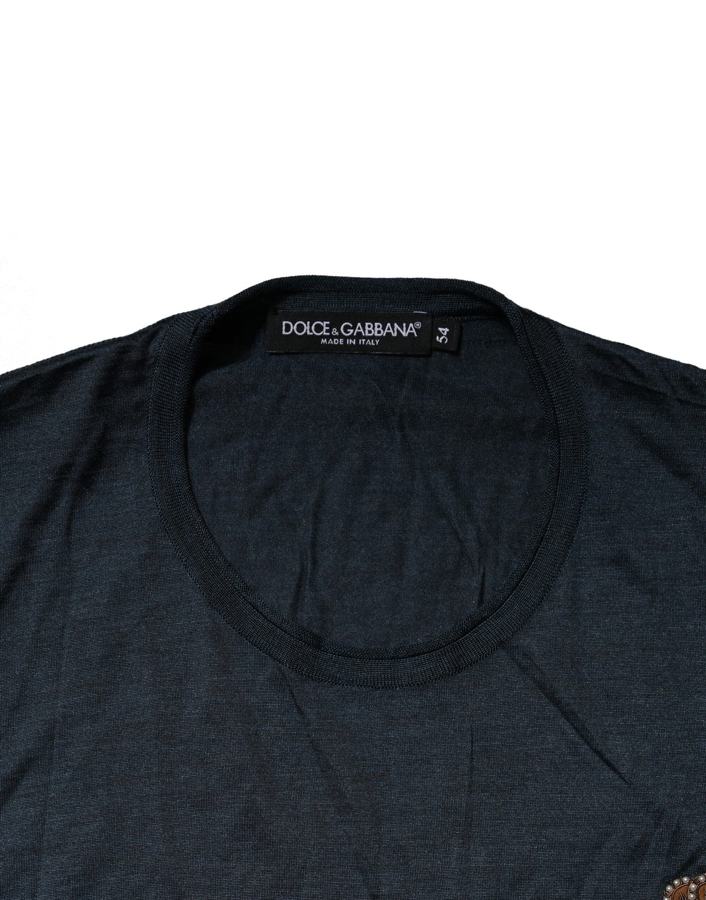 Dolce & Gabbana Dunkelblaues Seiden-Logo-Patch-T-Shirt mit Rundhalsausschnitt
