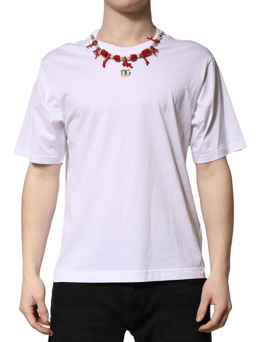 Dolce & Gabbana Weißes T-Shirt mit Rundhalsausschnitt aus Baumwolle mit Verzierungen