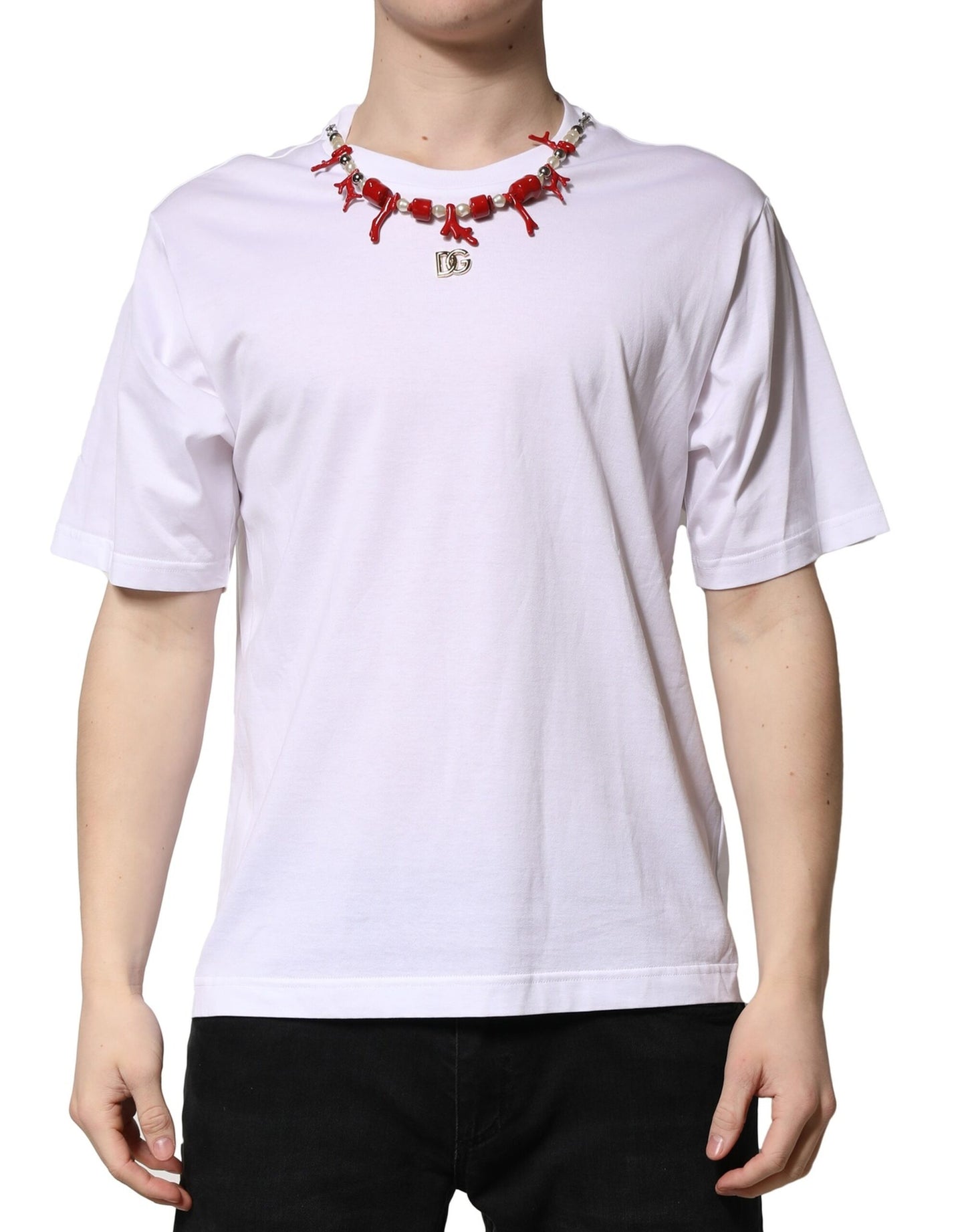 Dolce & Gabbana Weißes T-Shirt mit Rundhalsausschnitt aus Baumwolle mit Verzierungen