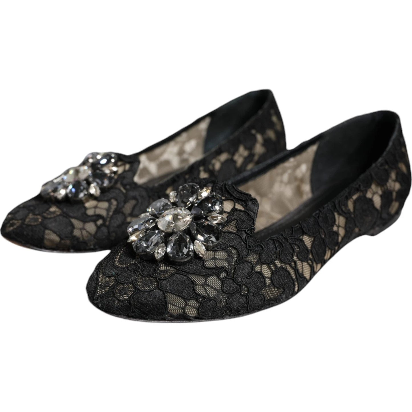Dolce & Gabbana Schwarze Spitze Kristall Ballett Flats Loafer Schuhe