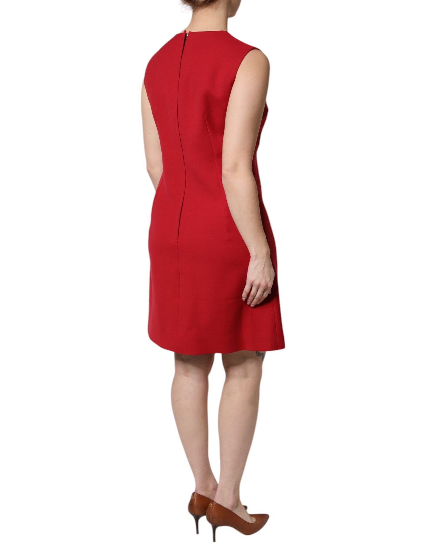 Dolce & Gabbana Rotes ärmelloses knielanges Kleid aus Wolle in A-Linie