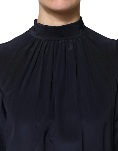 Dolce & Gabbana Blaues Seidenblusentop mit langem Ausschnitt und langen Ärmeln