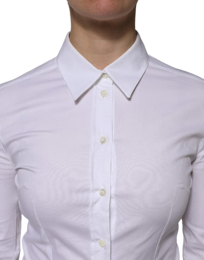 Dolce & Gabbana Weißes Blusenoberteil mit langen Ärmeln und Kragen aus Baumwolle