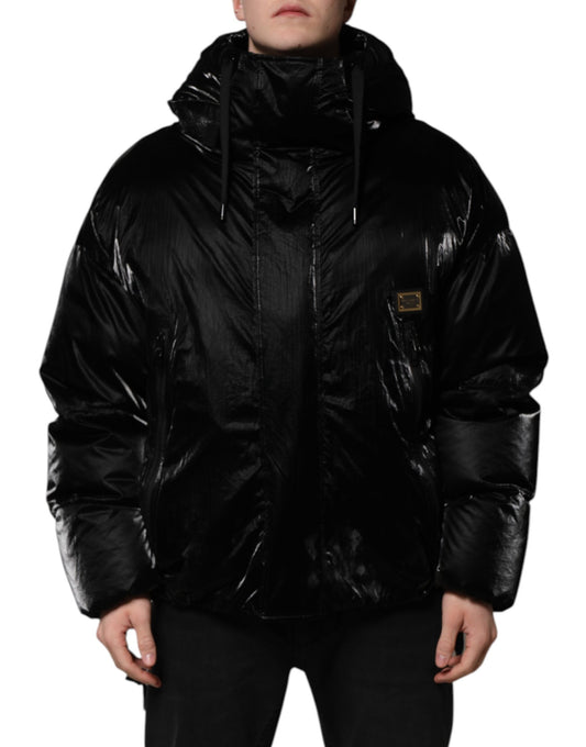 Dolce & Gabbana Schwarze Logo-Steppjacke mit Kapuze und Reißverschluss