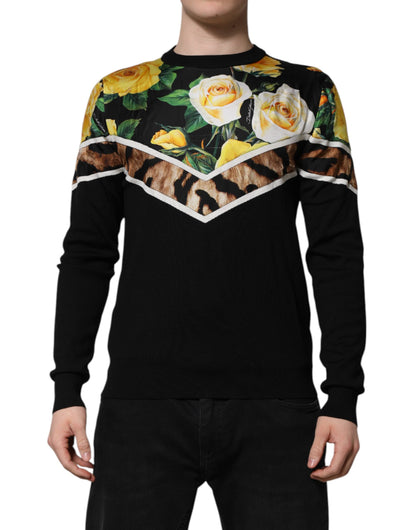 Dolce & Gabbana Schwarzer Seidenpullover mit geblümtem Rundhalsausschnitt