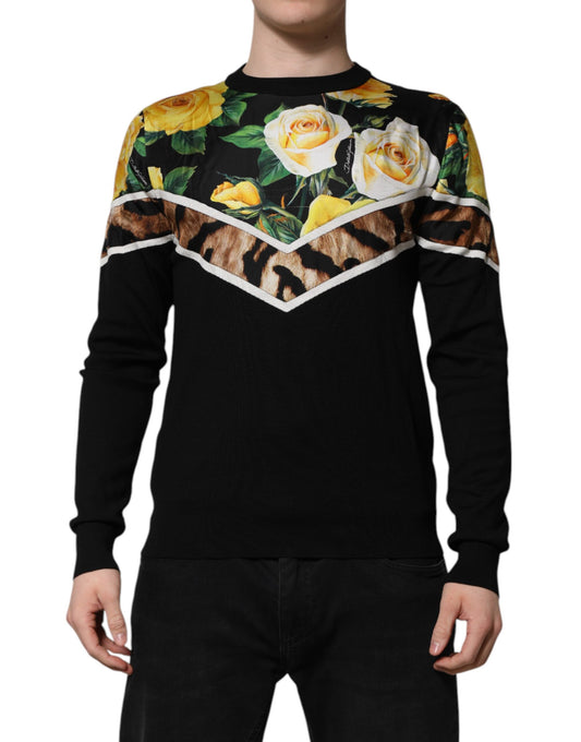 Dolce & Gabbana Schwarzer Seidenpullover mit geblümtem Rundhalsausschnitt