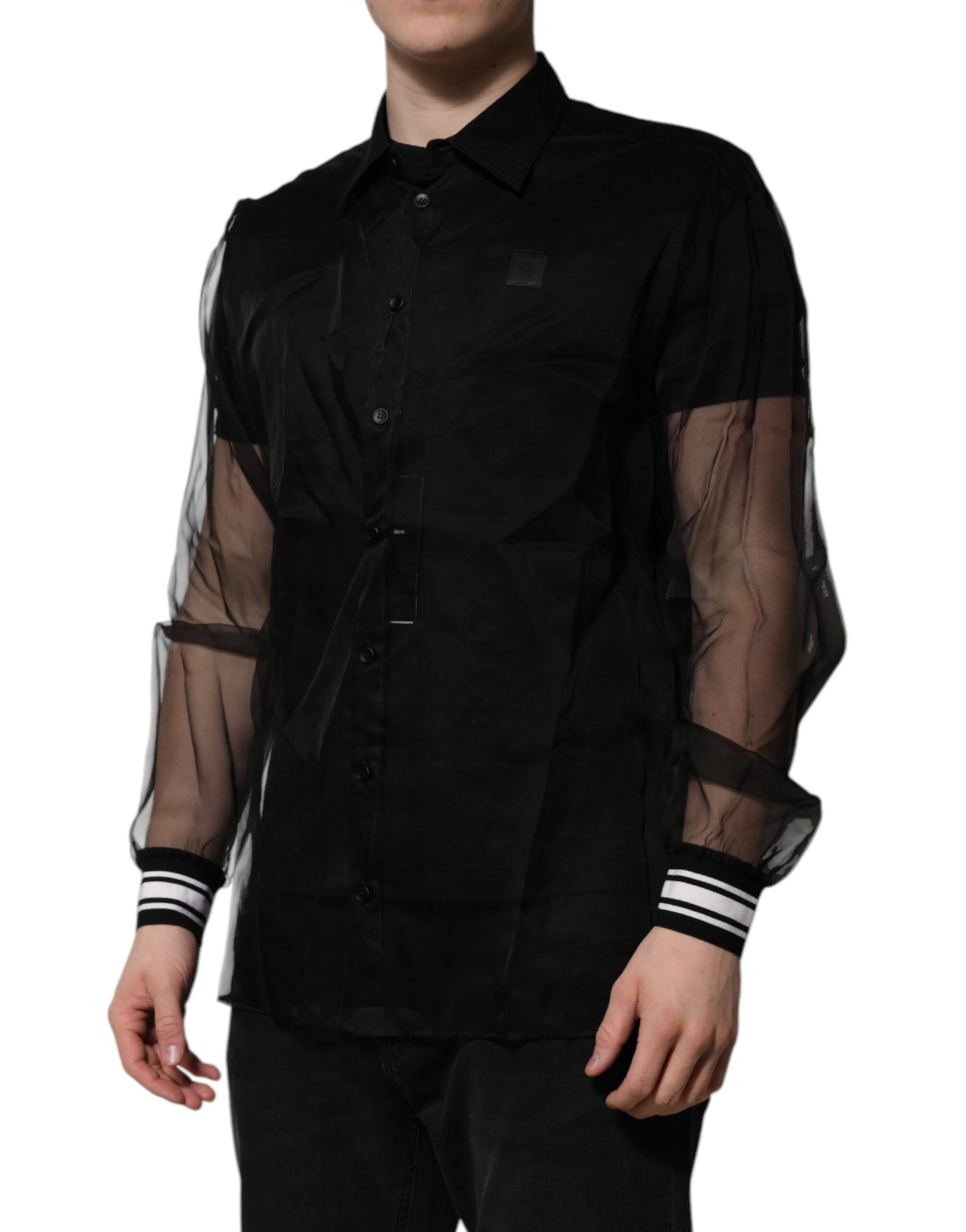 Dolce & Gabbana Schwarzes Seidenspitzenhemd mit langen Ärmeln