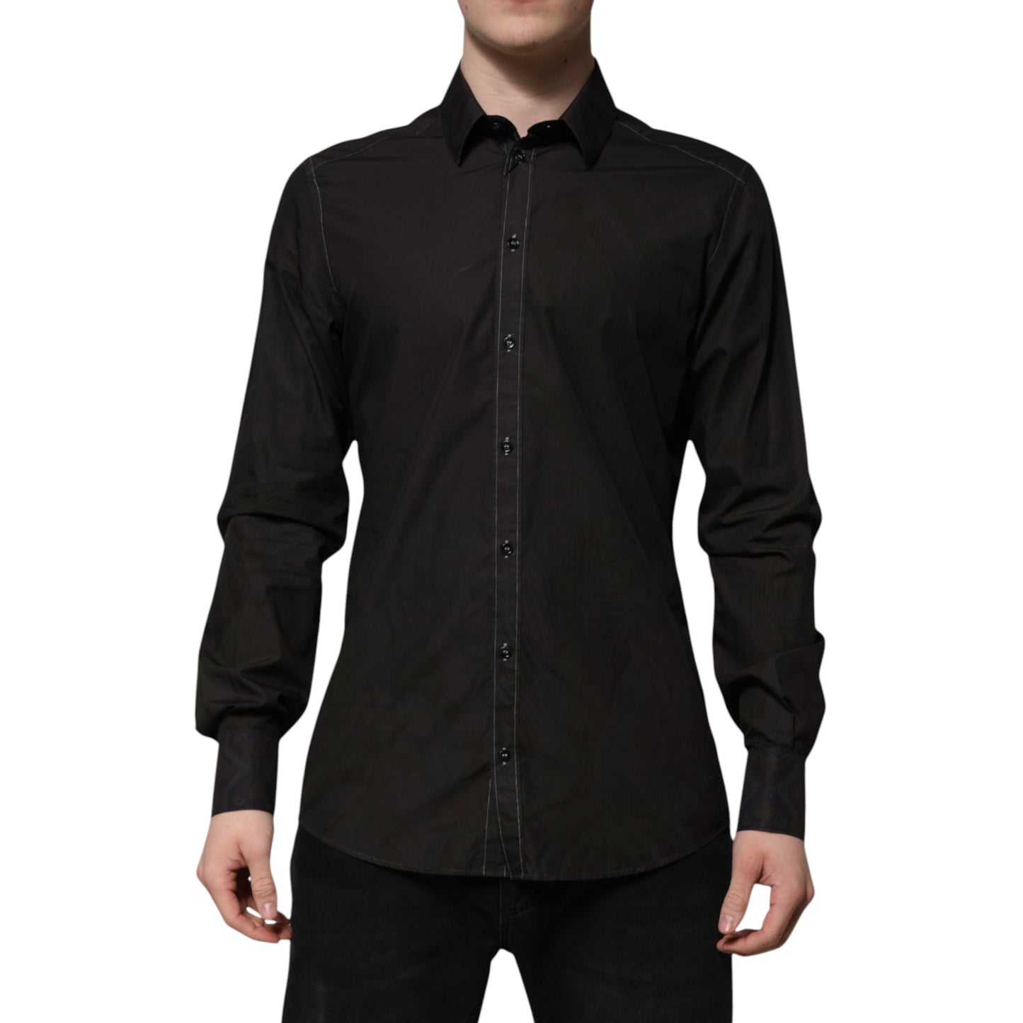 Dolce & Gabbana Schwarzes Baumwoll-Jacquard-Hemd mit GOLD-Kragen