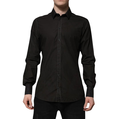 Dolce & Gabbana Schwarzes Baumwoll-Jacquard-Hemd mit GOLD-Kragen