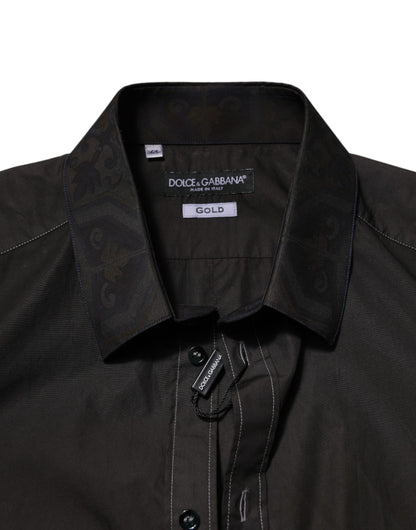 Dolce & Gabbana Schwarzes Baumwoll-Jacquard-Hemd mit GOLD-Kragen
