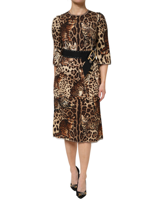 Dolce & Gabbana Braunes Midikleid mit Leopardenmuster und Gürtel in A-Linie