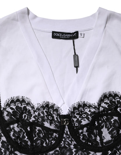 Dolce & Gabbana Weißes Baumwoll-Spitzen-Top mit V-Ausschnitt und kurzen Ärmeln
