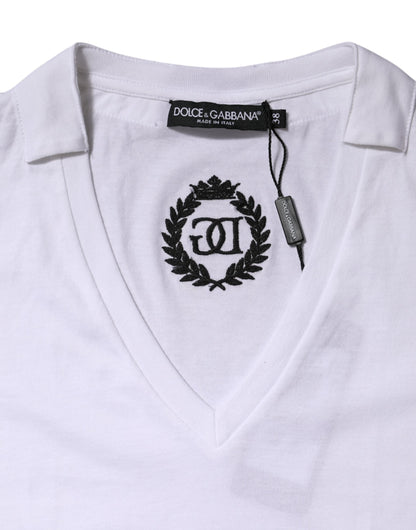 Dolce & Gabbana Weißes Baumwoll-T-Shirt mit kurzen Ärmeln und V-Ausschnitt
