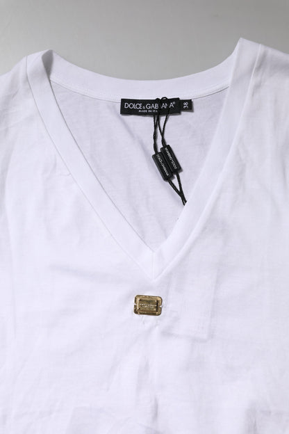 Dolce & Gabbana Weißes Baumwoll-T-Shirt mit kurzen Ärmeln und V-Ausschnitt