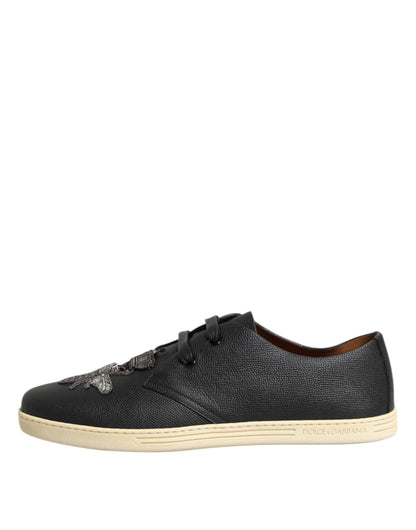 Dolce & Gabbana Schwarz Leder Bee Crown Low Top Sneakers Schuhe