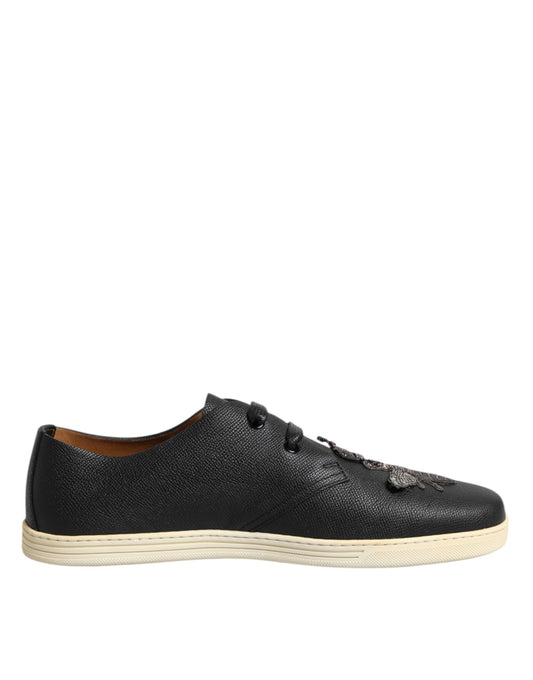 Dolce & Gabbana Schwarz Leder Bee Crown Low Top Sneakers Schuhe