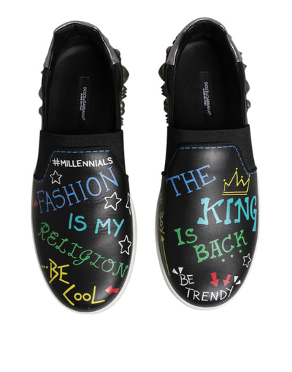 Dolce & Gabbana Schwarz Leder Nieten Graffiti Turnschuhe Schuhe