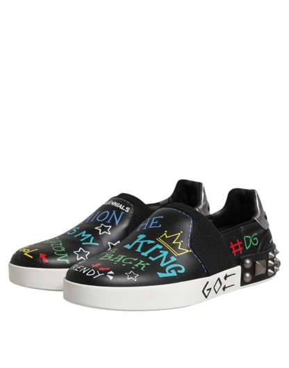 Dolce & Gabbana Schwarz Leder Nieten Graffiti Turnschuhe Schuhe