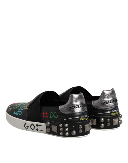 Dolce & Gabbana Schwarz Leder Nieten Graffiti Turnschuhe Schuhe