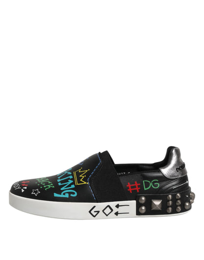 Dolce & Gabbana Schwarz Leder Nieten Graffiti Turnschuhe Schuhe