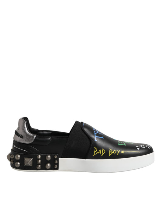 Dolce & Gabbana Schwarz Leder Nieten Graffiti Turnschuhe Schuhe