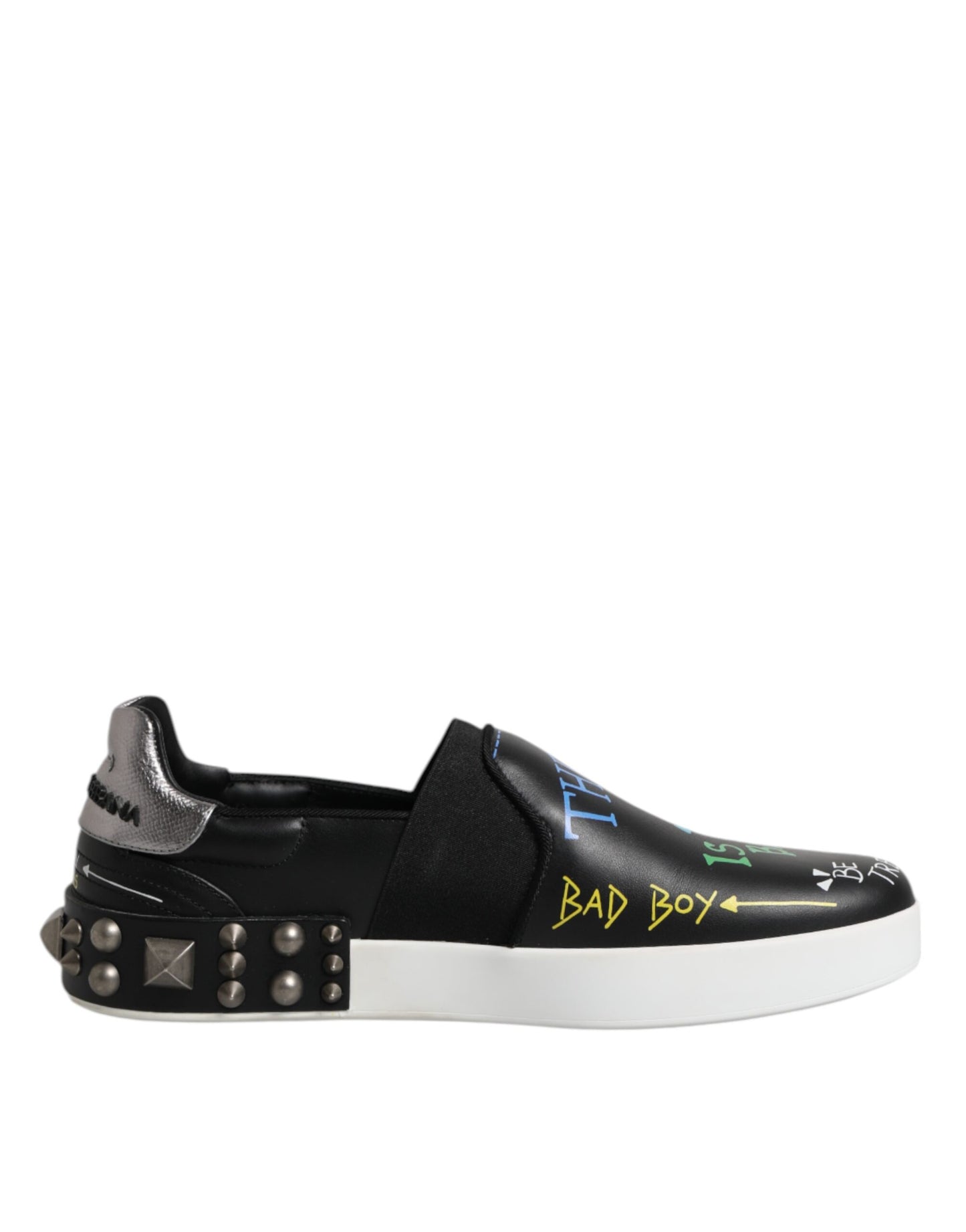 Dolce & Gabbana Schwarz Leder Nieten Graffiti Turnschuhe Schuhe