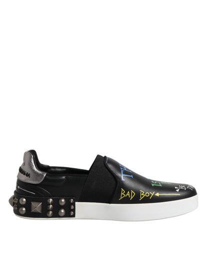Dolce & Gabbana Schwarz Leder Nieten Graffiti Turnschuhe Schuhe