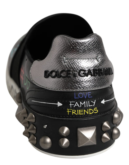 Dolce & Gabbana Schwarz Leder Nieten Graffiti Turnschuhe Schuhe