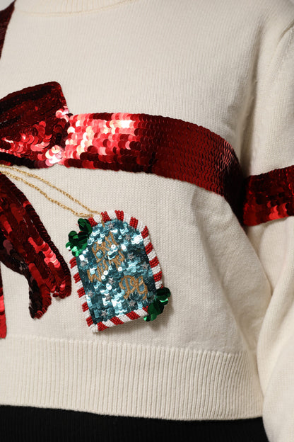 Dolce & Gabbana Weißer paillettenbesetzter Pullover mit Rundhalsausschnitt