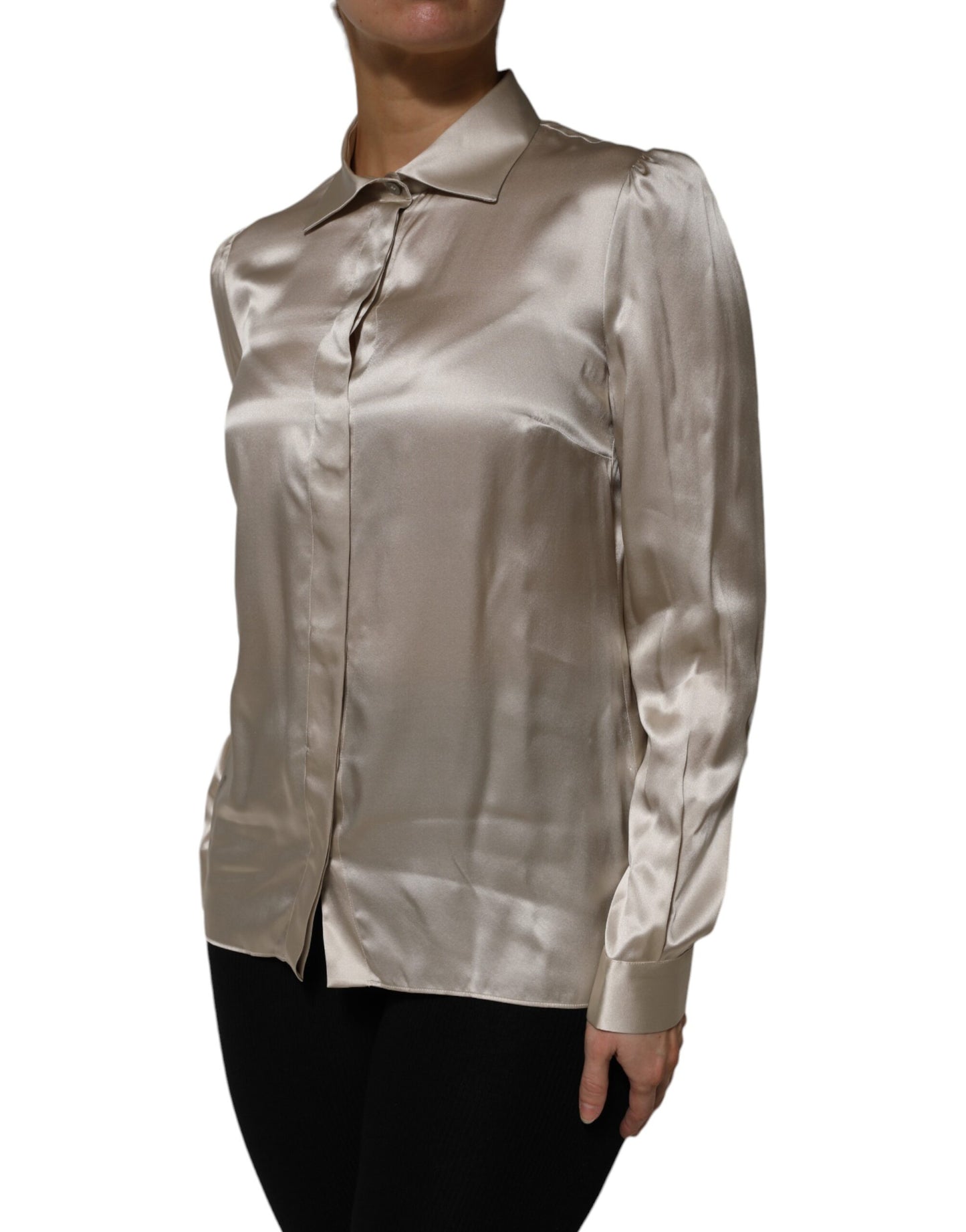 Dolce & Gabbana Beigefarbenes Satin-Seiden-Top mit langen Ärmeln