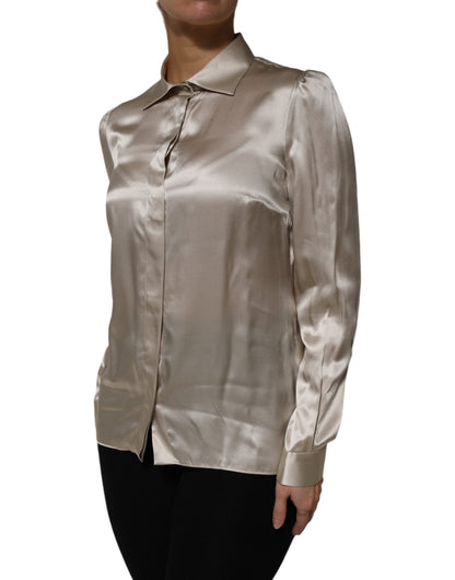 Dolce & Gabbana Beigefarbenes Satin-Seiden-Top mit langen Ärmeln