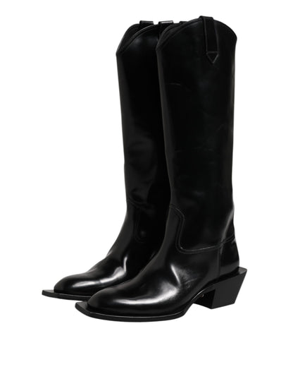 Dolce & Gabbana Schwarze Kalbsleder Logo Hohe Stiefel Schuhe