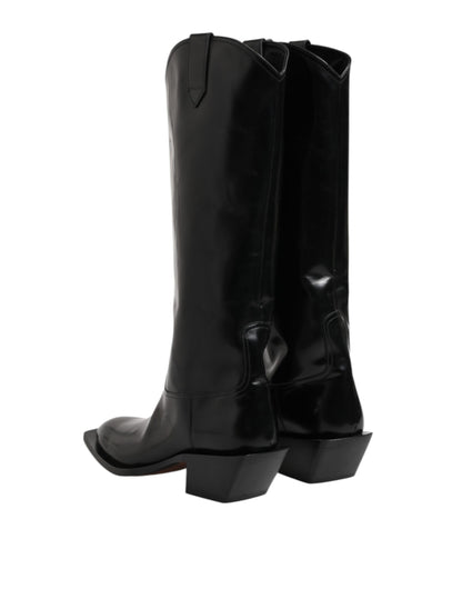 Dolce & Gabbana Schwarze Kalbsleder Logo Hohe Stiefel Schuhe