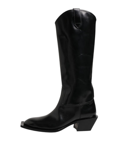 Dolce & Gabbana Schwarze Kalbsleder Logo Hohe Stiefel Schuhe