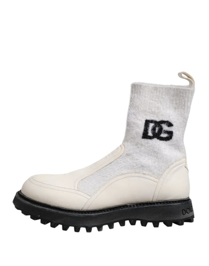 Dolce & Gabbana Weiß Beige DG Logo Mid Calf Stiefel Schuhe