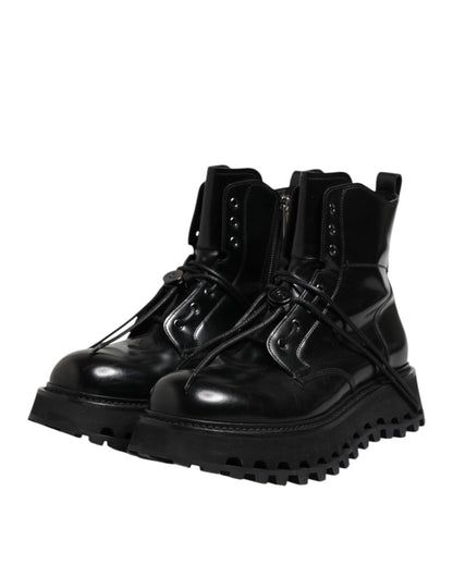 Dolce & Gabbana Schwarze Leder Logo-Stiefeletten Schnürschuhe