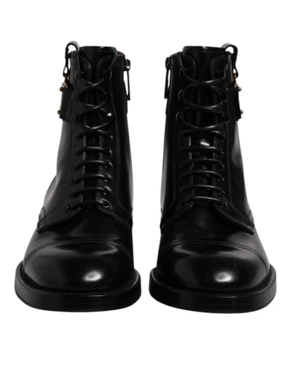 Dolce & Gabbana Schwarze Leder Mid Calf Stiefel Schnürschuhe