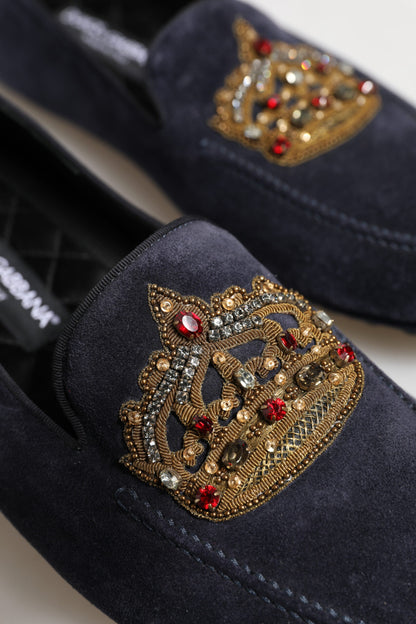 Dolce & Gabbana Blaue Wildleder Crown Crystal Loafers Kleid Schuhe
