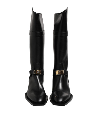 Dolce & Gabbana Schwarz Leder Hohe Stiefel Flache Schuhe